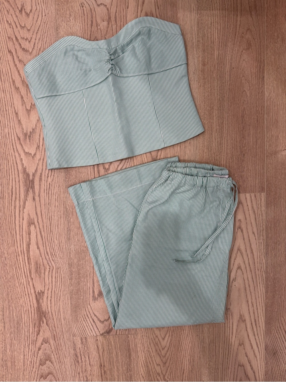 Striped Light Green and White Corset Top and Drawstring Pants - Matching Set